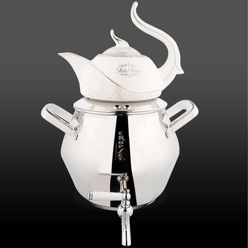 کتری و قوری الماس استیل نقره ای براق کروپ ست کد 7052W