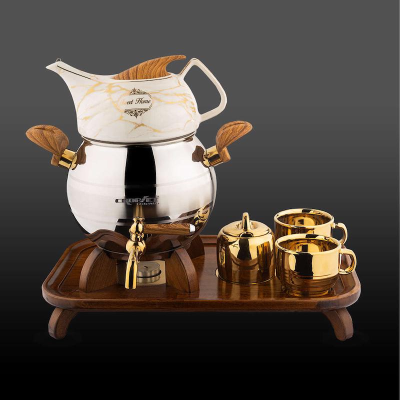 کتری و قوری تیارا استیل نقره ای و طلایی براق کروپ ست با سرویس کد 604