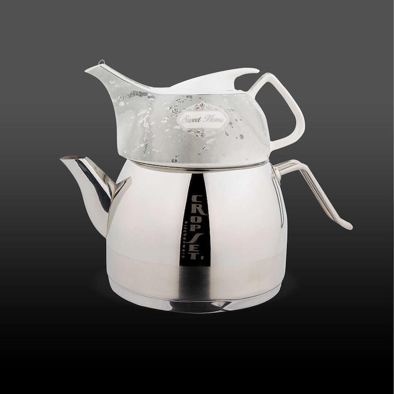 کتری و قوری تیدا لوله دار استیل نقره ای براق کروپ ست کد 2305