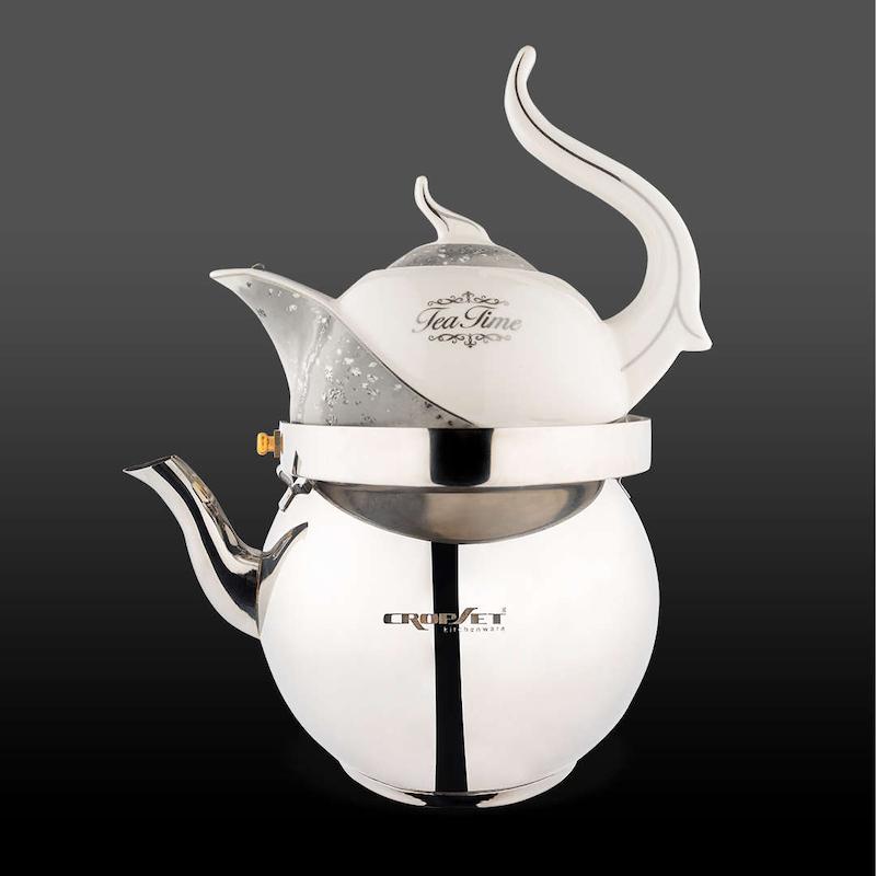 کتری و قوری دنیز لوله دار استیل نقره ای براق کروپ ست کد 2303