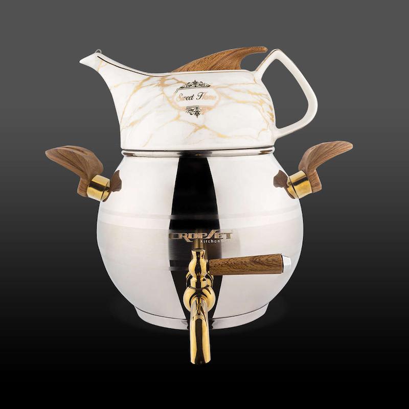 کتری و قوری روشاک استیل نقره ای و طلایی براق کروپ ست کد 609