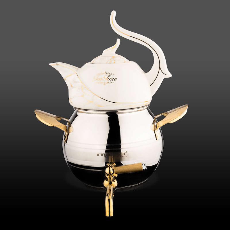 کتری و قوری روشاک استیل نقره ای و طلایی براق کروپ ست کد 609G