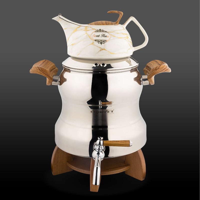 کتری و قوری رونیکا استیل نقره ای براق کروپ ست با پایه وارمر چوبی کد 2804