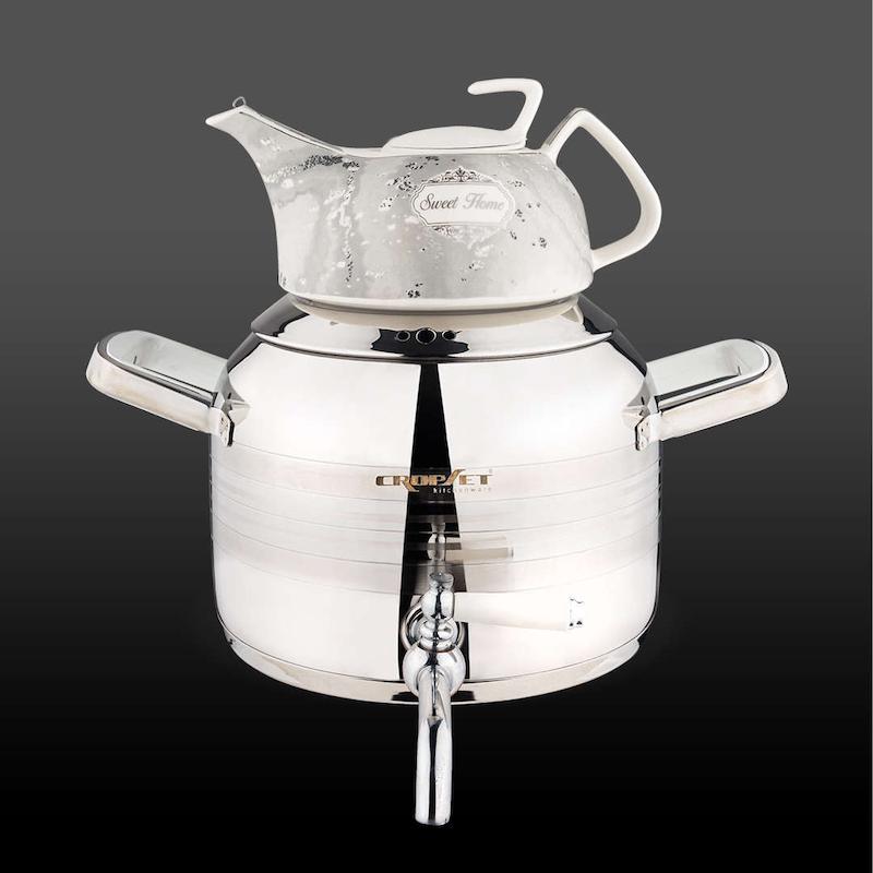 کتری و قوری کروپ استیل نقره ای براق کروپ ست کد 916