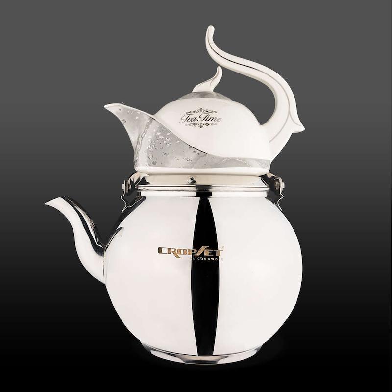 کتری و قوری کیانا لوله دار استیل نقره ای براق کروپ ست کد 2801