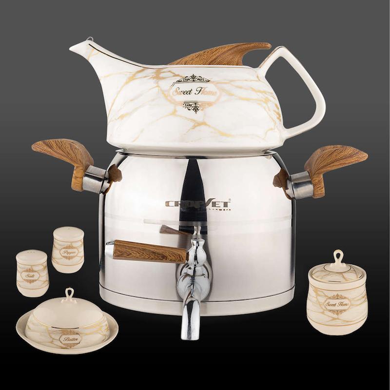 کتری و قوری ماهور استیل نقره ای براق کروپ ست با سرویس صبحانه خوری کد 3301S