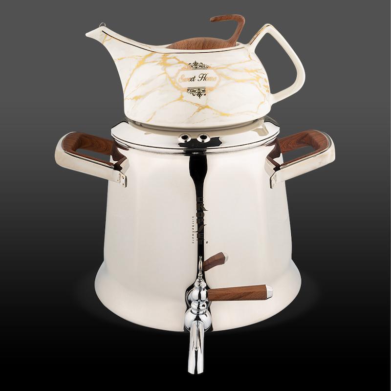 کتری و قوری هرمس استیل نقره ای براق کروپ ست کد 8801