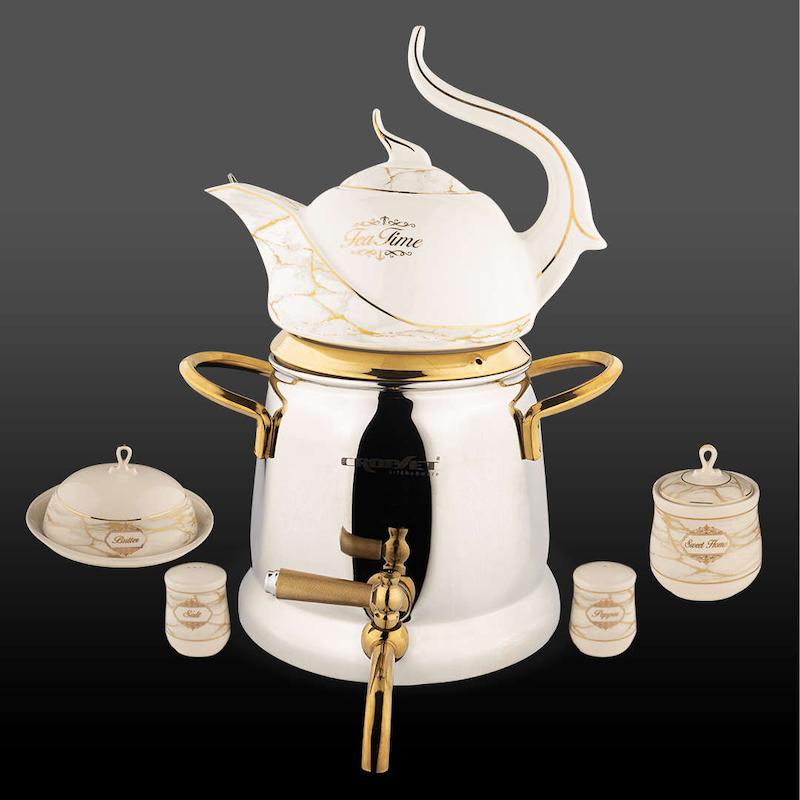 کتری و قوری هرمس استیل نقره ای و طلایی براق کروپ ست با سرویس صبحانه خوری کد 4401