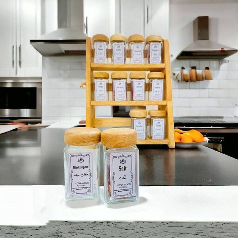 استند ادویه مکعب 12 عددی ایستاده شیشه  وچوب کد 43123