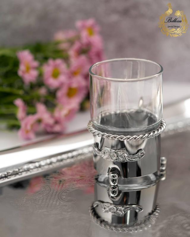 فنجان انگاره دار برنجی نقره ای ۶ عددی