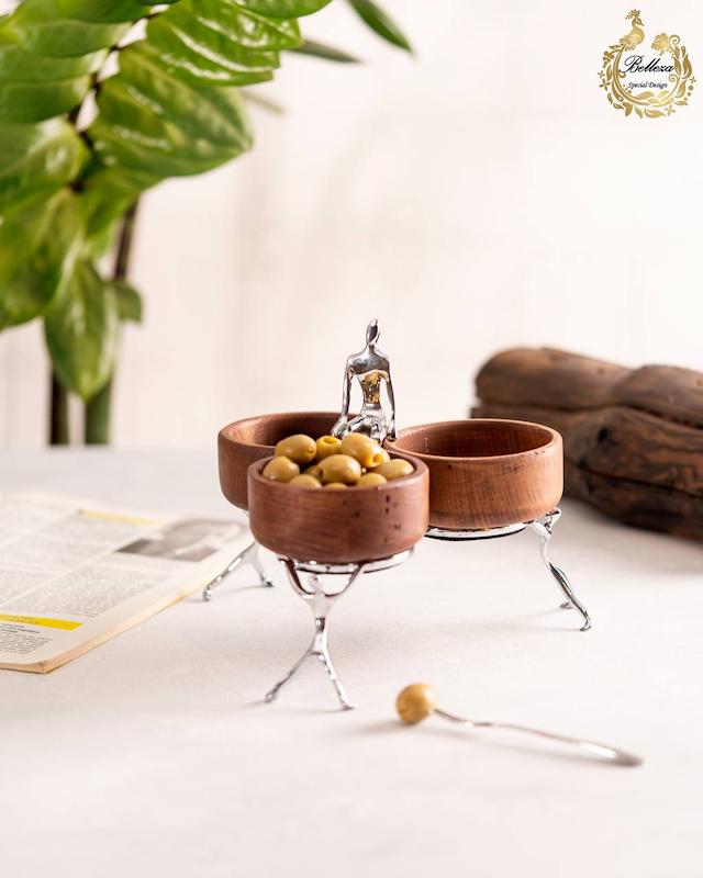 اردوخوری پایه دار سه پیاله چوبی برنجی ژستو 