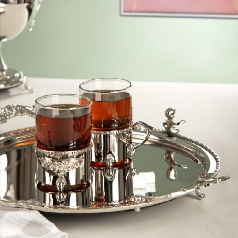 سینی گرد استیل و برنج  فرشته نقره ای 