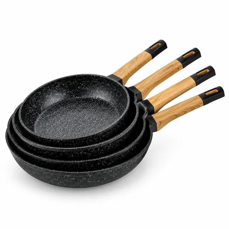 ماهیتابه گرانیت مشکی با دسته طرح چوب
