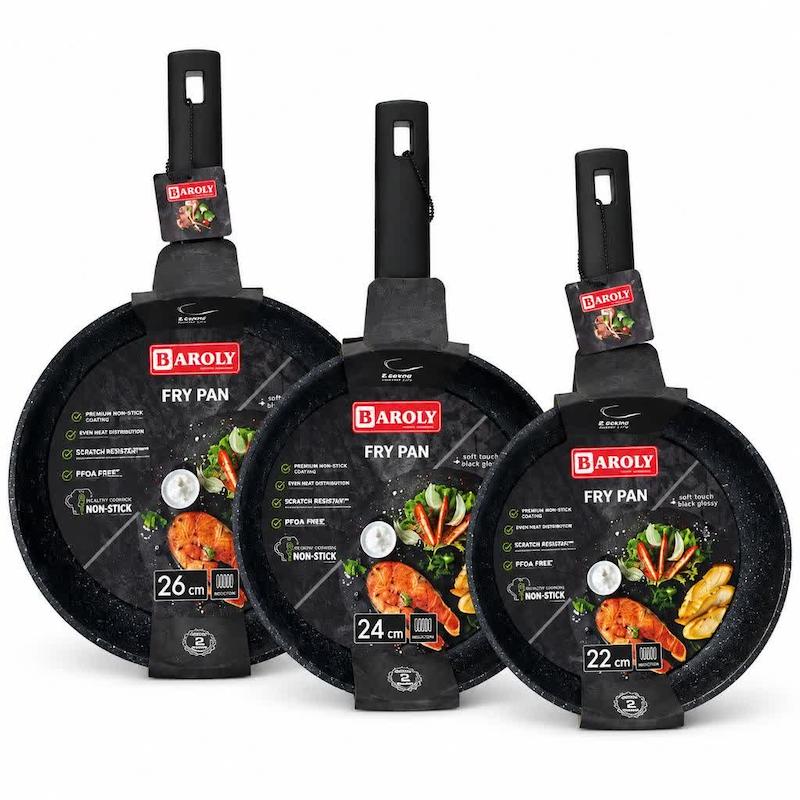ماهیتابه گرانیت دسته دار مشکی با رنگ پاشی سفید برند BAROLY