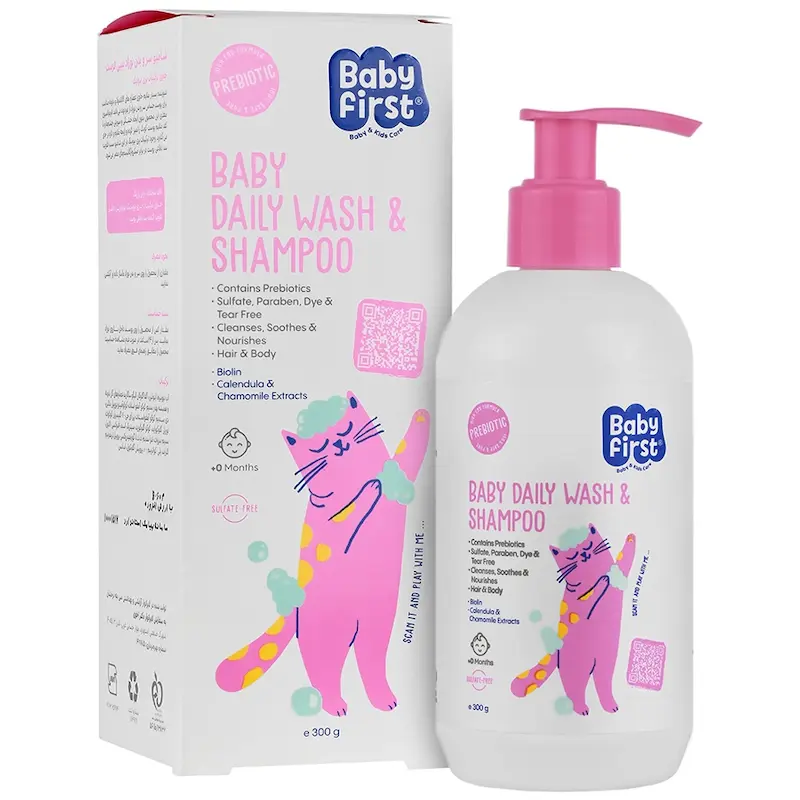 شامپو سر و بدن نوزاد بیبی فرست حجم 300 میل baby first