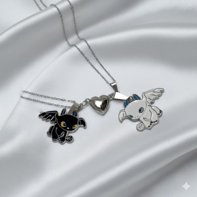 ست گردنبند دو نفره مدل «اژدها و قلب مگنتی» | پلاک مکمل با زنجیر دیپلمات استیل