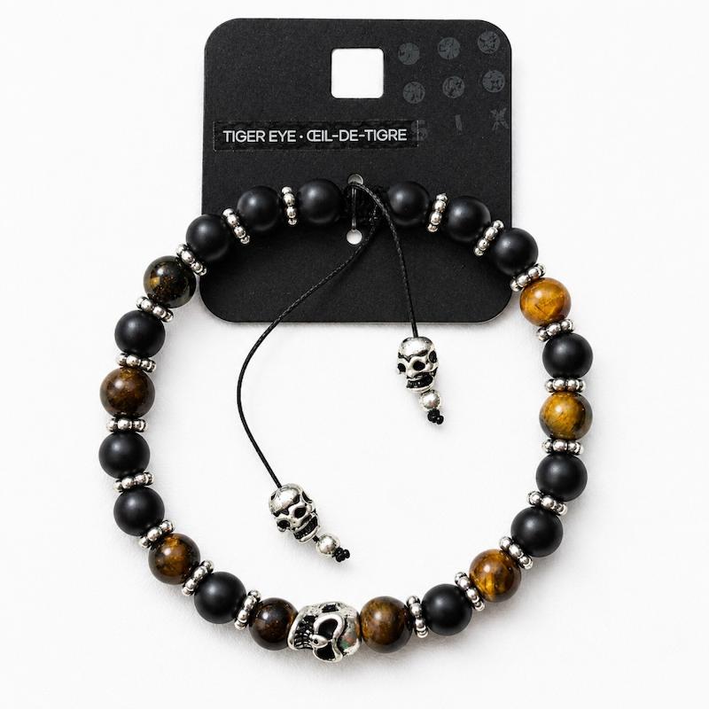 دستبند سنگی برند SIX مدل Tiger Eye & Skull – ترکیب چشم‌ببر و انیکس مات با نماد اسکلت
