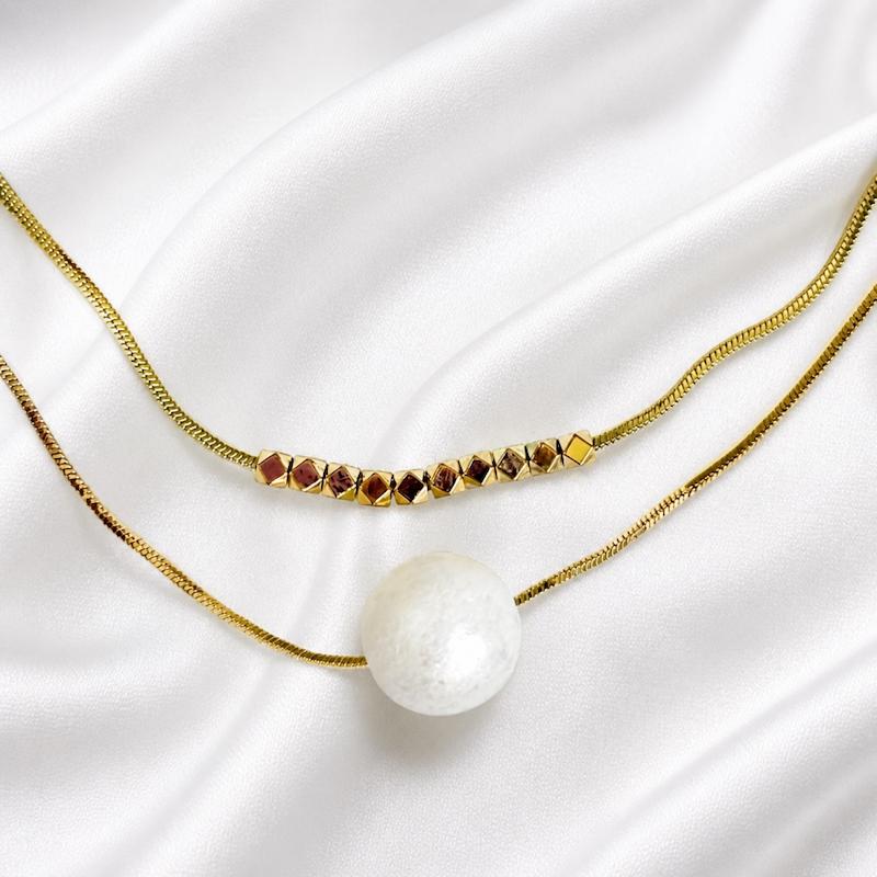 گردنبند دو لاین مروارید و مهره طلایی
