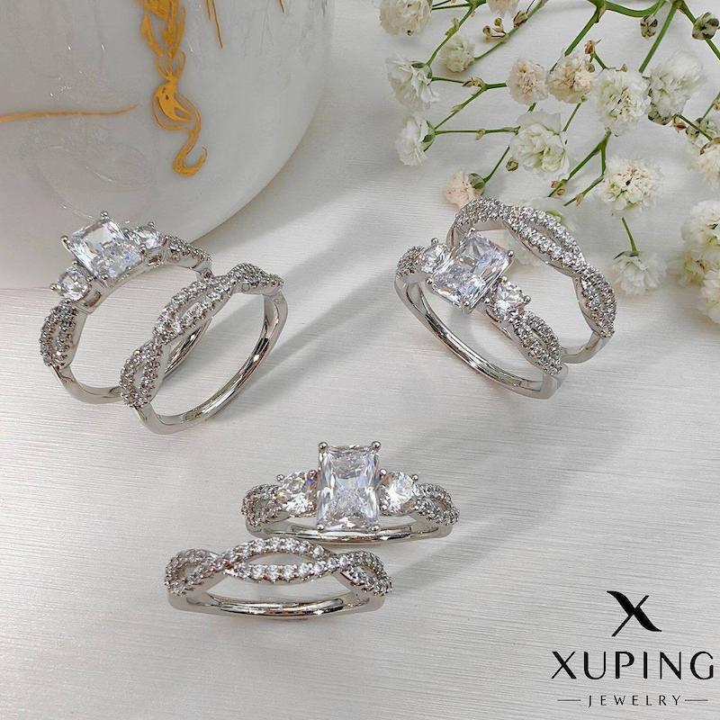 ست حلقه و پشت حلقه نقره‌ای زنانه با نگین مربعی Xuping