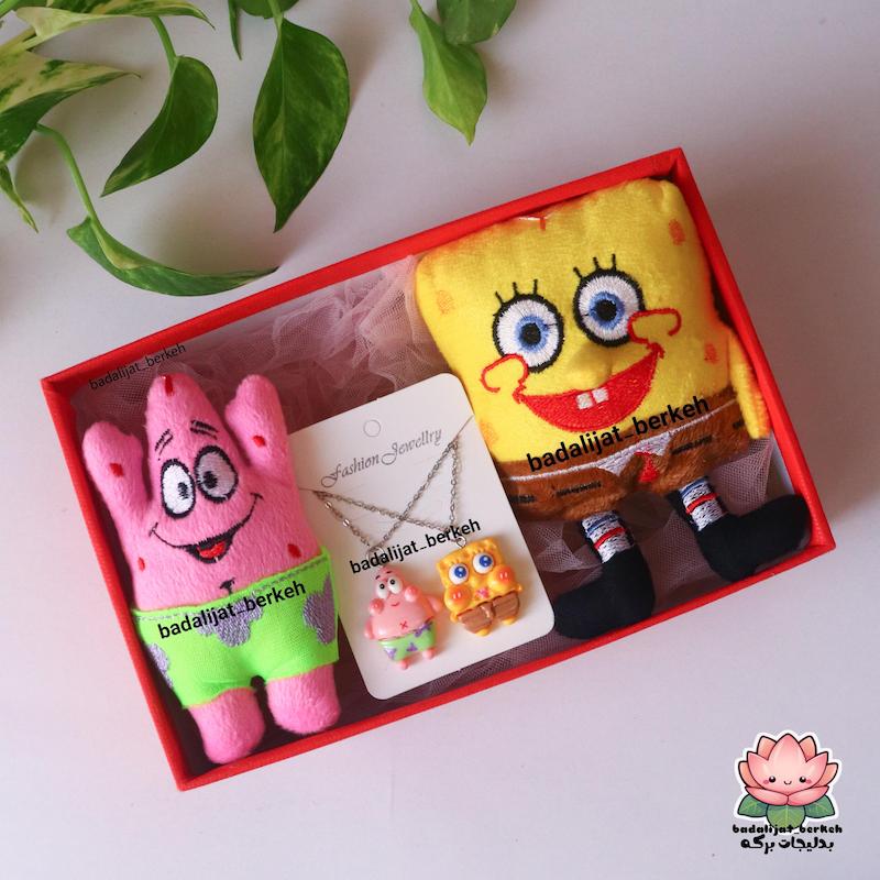 باکس هدیه شامل عروسک باب اسفنجی و پاتریک و گردنبند 