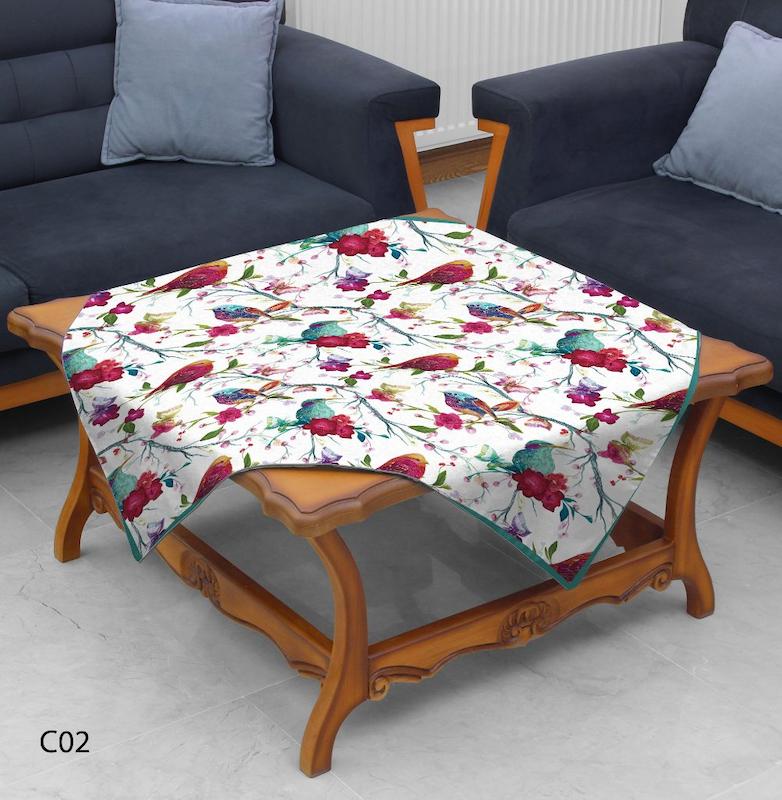  رومیزی مخمل طرح گل و پرنده زمینه سفید