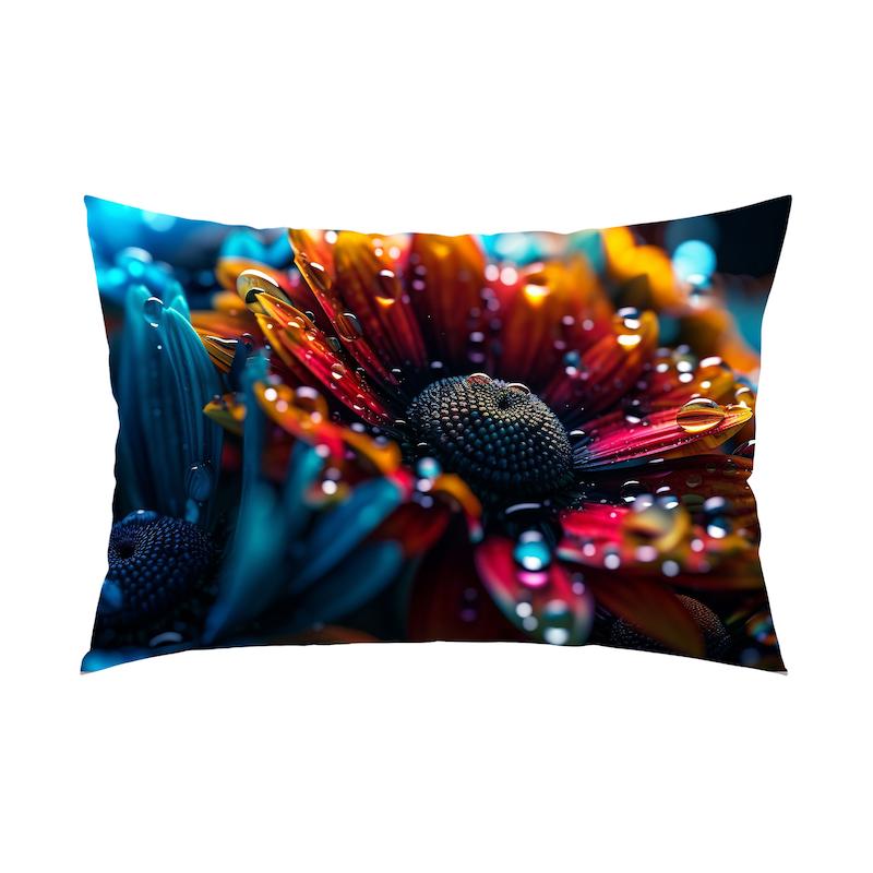 روبالشتی طرح گل چندرنگ سه‌بعدی با قطرات آب