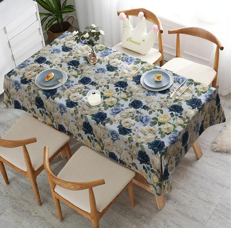 رومیزی ناهارخوری طرح گل رز آبی و کرم