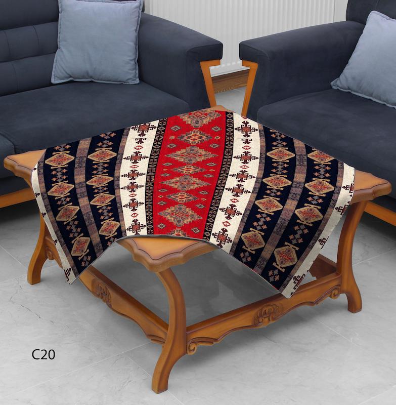 رومیزی با طرح سنتی عشایری و زمینه قرمز و سرمه‌ای مدل C20