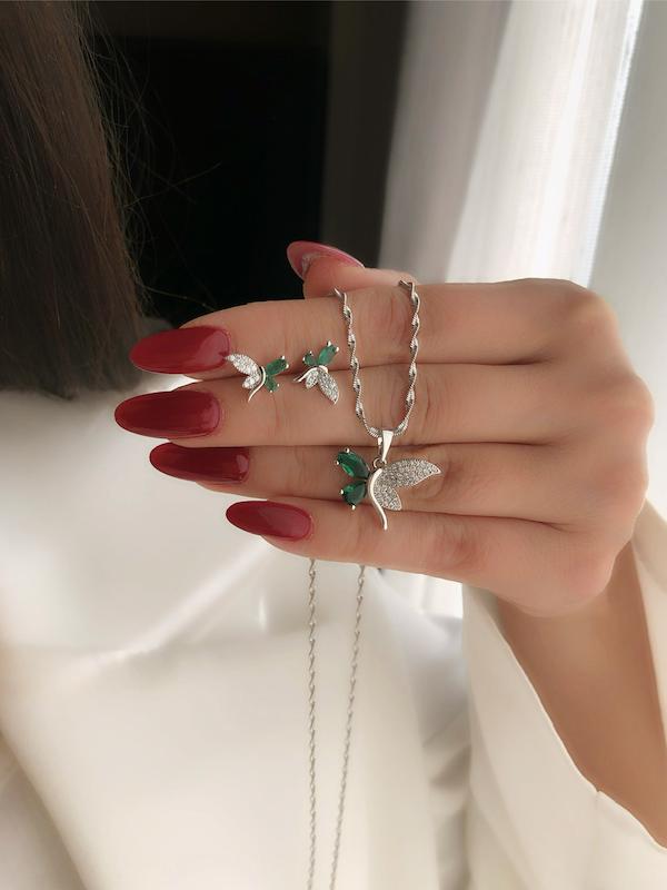 نیم ست پروانه با سنگ زمردی  ژوپینگ