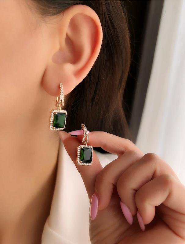 گوشواره جواهری سبز زمردی درباری ژوپینگ‌