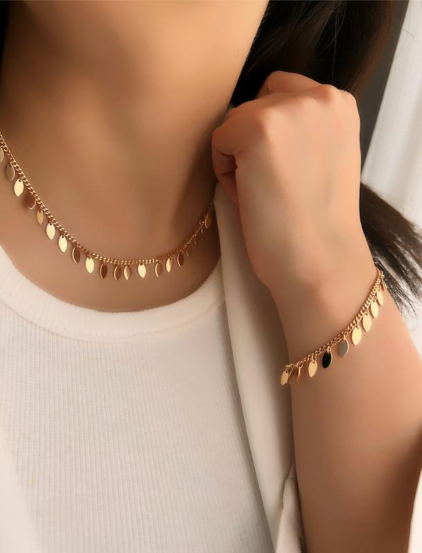 ست دستبند و زنجیر پولکی(برگی) ژوپینگ