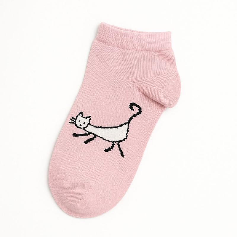 خرید جوراب نخی فانتزی ساق کوتاه رنگ صورتی طرح گربه با ما پی