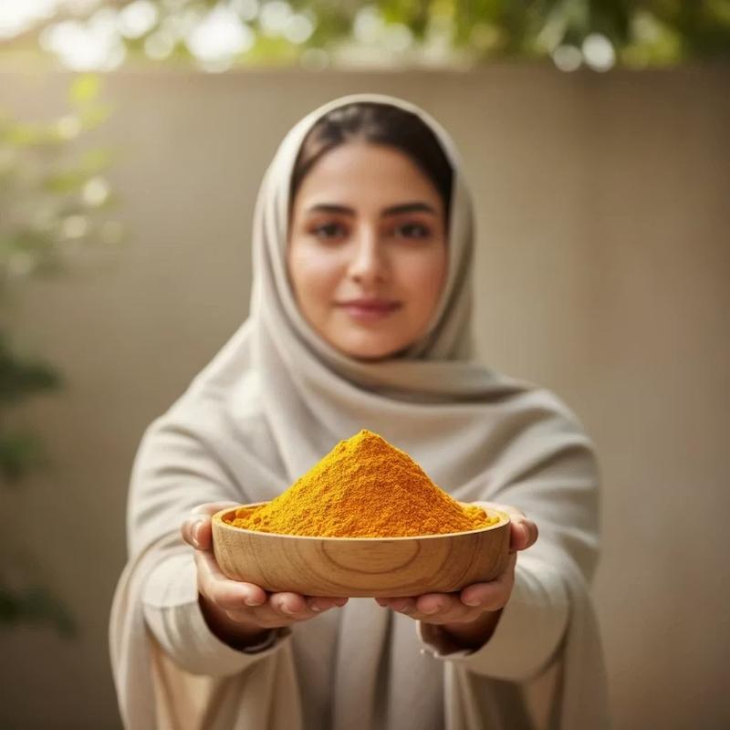 پودر زردچوبه در دستان یک خانم