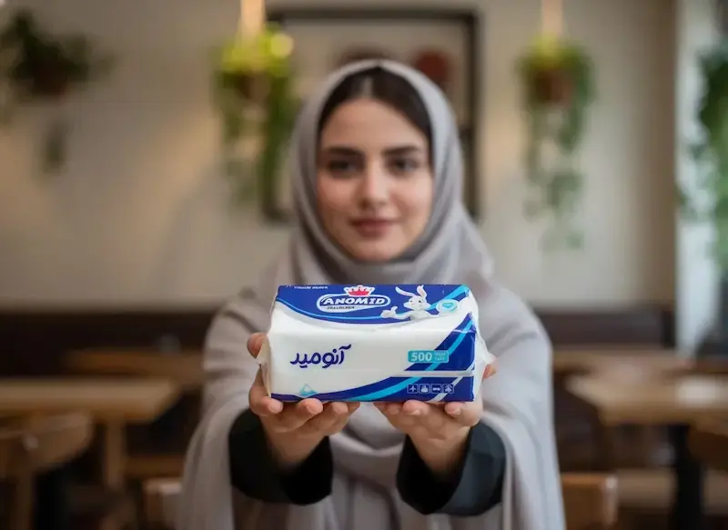دستمال کاغذی آنومید در دستان یک خانم