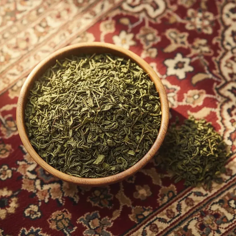 چای سبز در ظرف چوبی و روی فرش