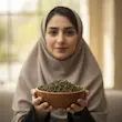 چای سبز در کاسه چوبی روی دست یک خانم