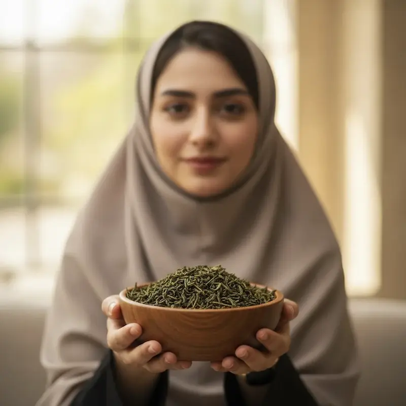 چای سبز در کاسه چوبی روی دست یک خانم