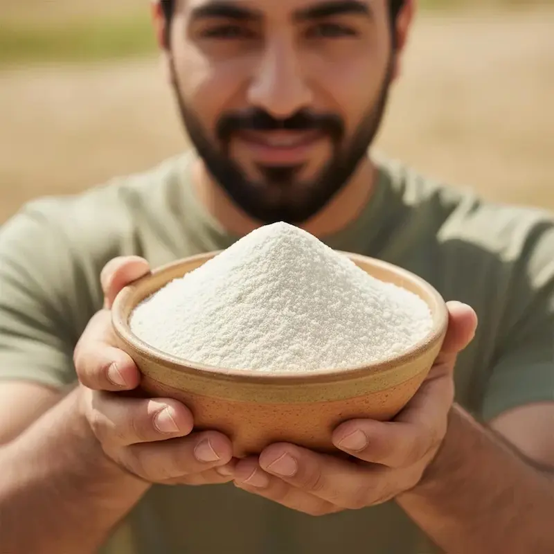 آرد گندم کامل و سبوس دار در دستان ورزشکار