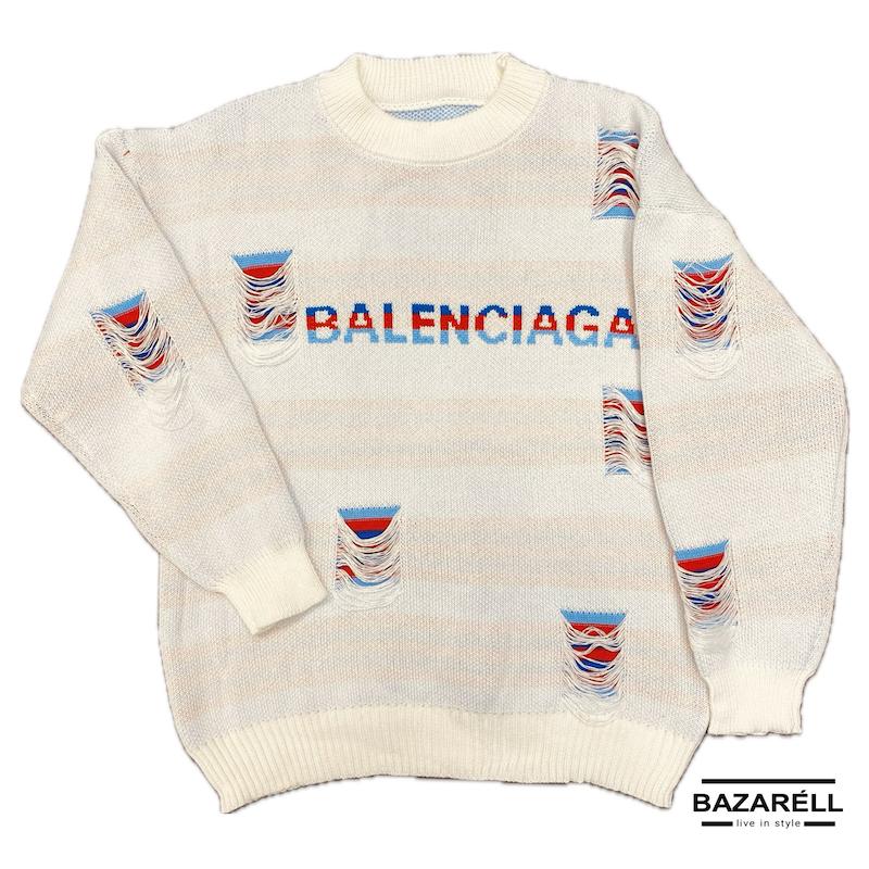 پلیور سفید مردانه دیزاین‌دار طرح Balenciaga – استایل خیابانی خاص | BAZARÈLL Men’s White Distressed Balenciaga Sweater – Unique Streetwear Style