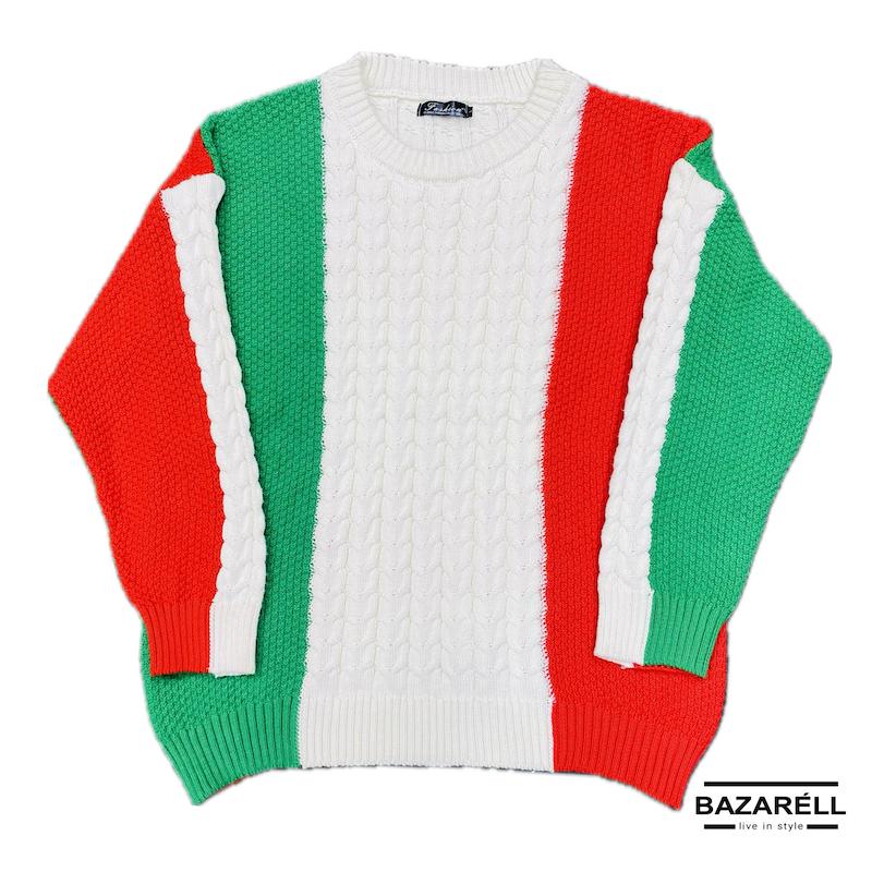 پلیور بافت سه‌رنگ مردانه – استایل جسور و خاص بازارل Tricolor Knit Sweater – Bold & Unique Men’s Streetwear by BAZARÈLL