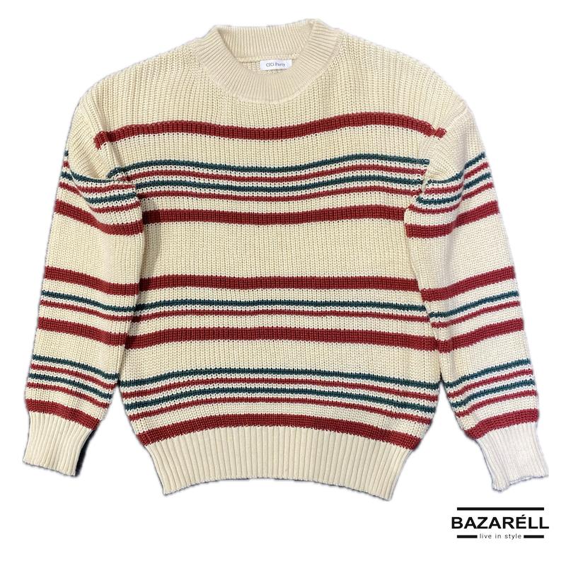 پلیور شیری راه‌راه قرمز و سبز – استایل کلاسیک مدرن بازارل | Milky Striped Knit Sweater – Red & Green Street Classic by BAZARÈLL