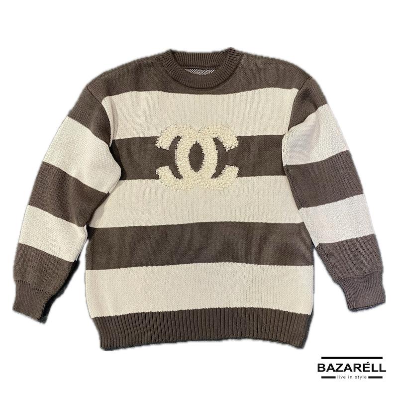 پلیور راه‌راه شیری و قهوه‌ای طرح شنل مدل لوکس پاییزی | CHANEL Striped Knit Sweater – Milky & Brown