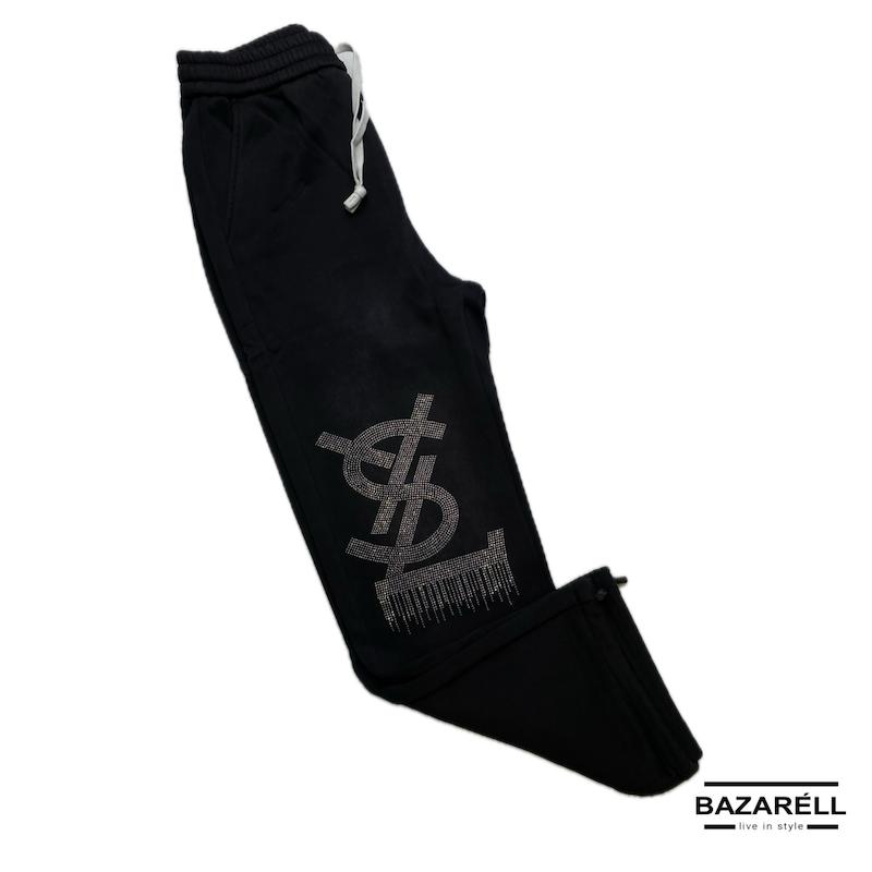 شلوار اسلش جاگر مشکی با لوگوی براق YSL و استایل لوکس خیابانی  Black Jogger Sweatpants with Shiny YSL Logo – Luxury Streetwear Style