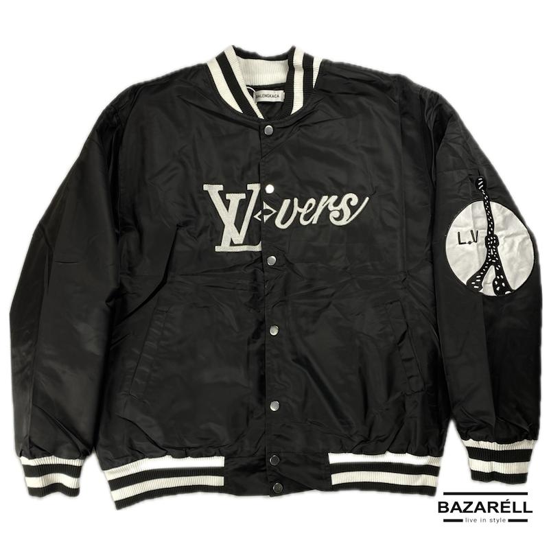 کاپشن بامبر مشکی LV Lovers با یقه راه‌راه LV Lovers Black Bomber Jacket with Striped Collar