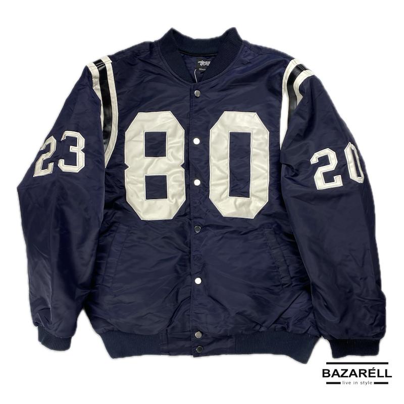 کاپشن بامبر سرمه‌ای یونیسکس با عدد 80 و جزئیات سفید — مدل ورزشی و نوستالژیک | BAZARÈLL BAZARÈLL Navy Varsity Bomber Jacket with Number 80 — Unisex Retro Sport Style