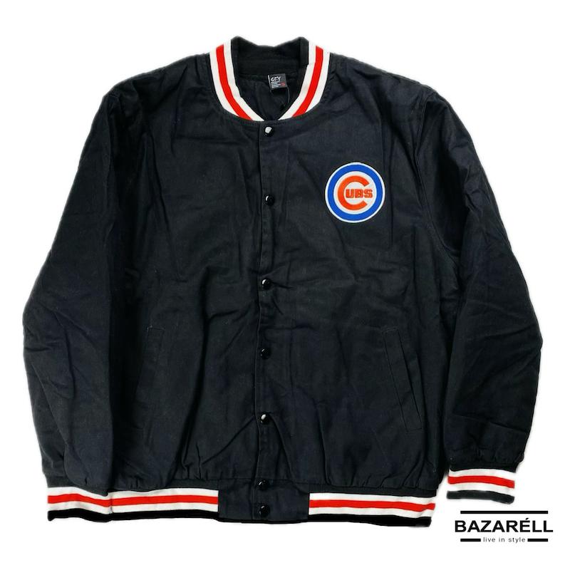 کاپشن بامبر نازک مشکی CUBS College Style با یقه راه‌راه قرمز سفید | BAZARELL | Black CUBS College Style Bomber Jacket with Red-White Collar