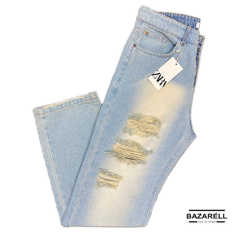 شلوار جین آبی روشن زاپ‌دار طرح ZARA مدل Premium Distressed | استریت‌استایل مدرن زنانه و مردانه ZARA Premium Distressed Light Blue Jeans | Modern Unisex Street Style