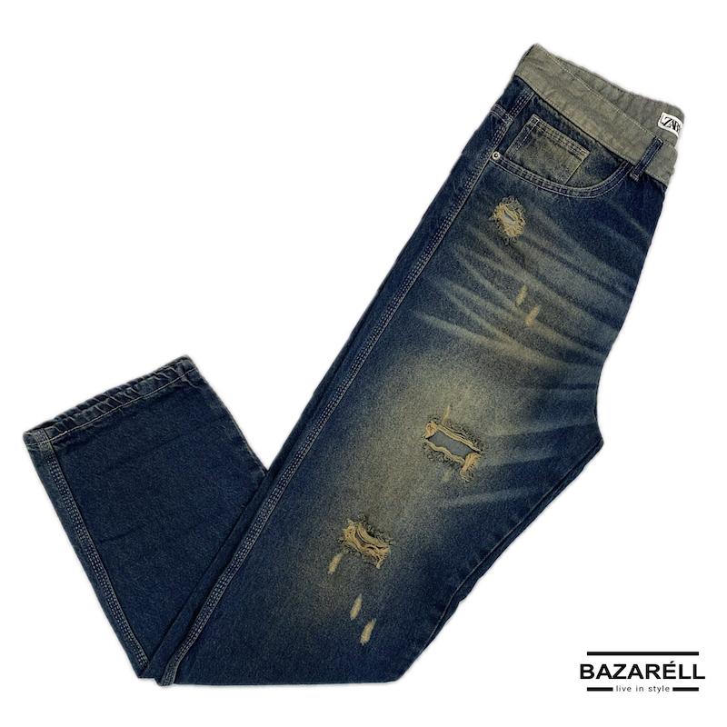شلوار جین راسته‌بگ مردانه بازاریِل – رنگ آبی فید دیسترس، دیستروید کلاسیک | BAZARELL Vintage Blue Straight-Bag Distressed Jeans