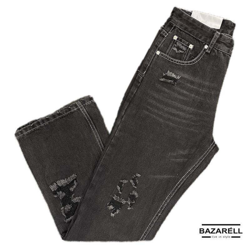 شلوار جین مردانه‌زنانه مشکی زغالی استریت فیت زخمی مدل کرکت ـ BAZARELL Black Charcoal Destroyed Street Jeans