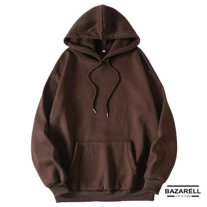 هودی مردانه زنانه قهوه‌ای تیره، ضخیم، کلاه‌دار، دارای جیب کانگورویی، مناسب استایل روزمره و پاییزی.